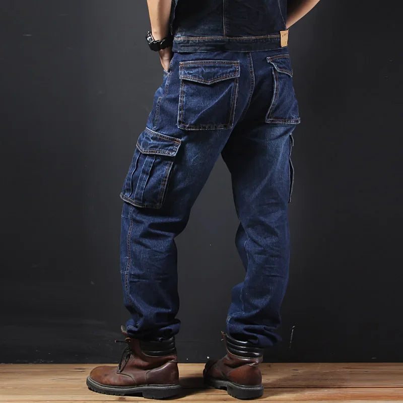 Férfi őszi/téli többzsebes, egyenes szárú, laza szabású, plus size,  farmernadrág