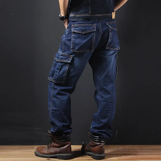 Férfi őszi/téli többzsebes, egyenes szárú, laza szabású, plus size,  farmernadrág