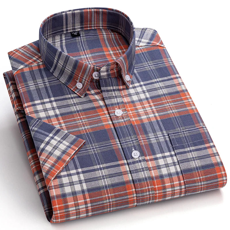 100% pamut férfi Oxford ing, rövid ujjú, nyári, kockás, csíkos, férfi ruházat, üzleti, normál szabású, túlméretezett ing, 7XL, 6XL
