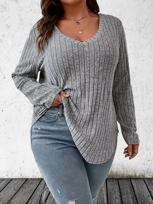 Plus Size 1XL-5XL női lezser divatos V-nyakú hosszú ujjú póló, női, plus size egyszínű bordázott póló