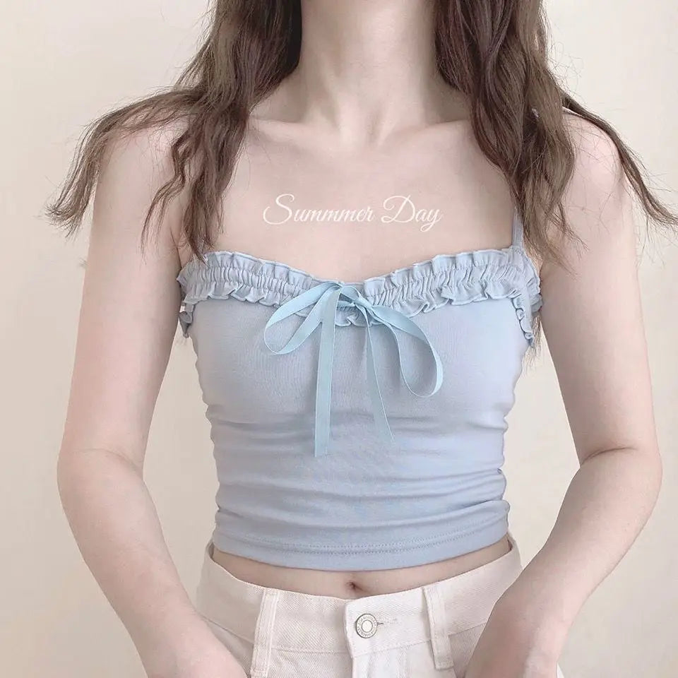 Nyári női csőfelső szexi masnis atléta ujjatlan fűző felső női fehérnemű pántnélküli vékony pántos trikó fehér crop top