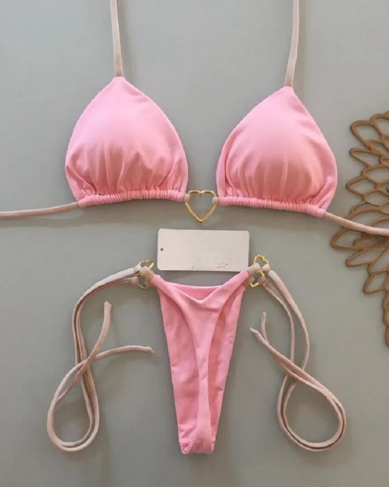 Szexi, egyszínű bikiniszett, női kétrészes, háromszög alakú tanga, brazil bikini szett