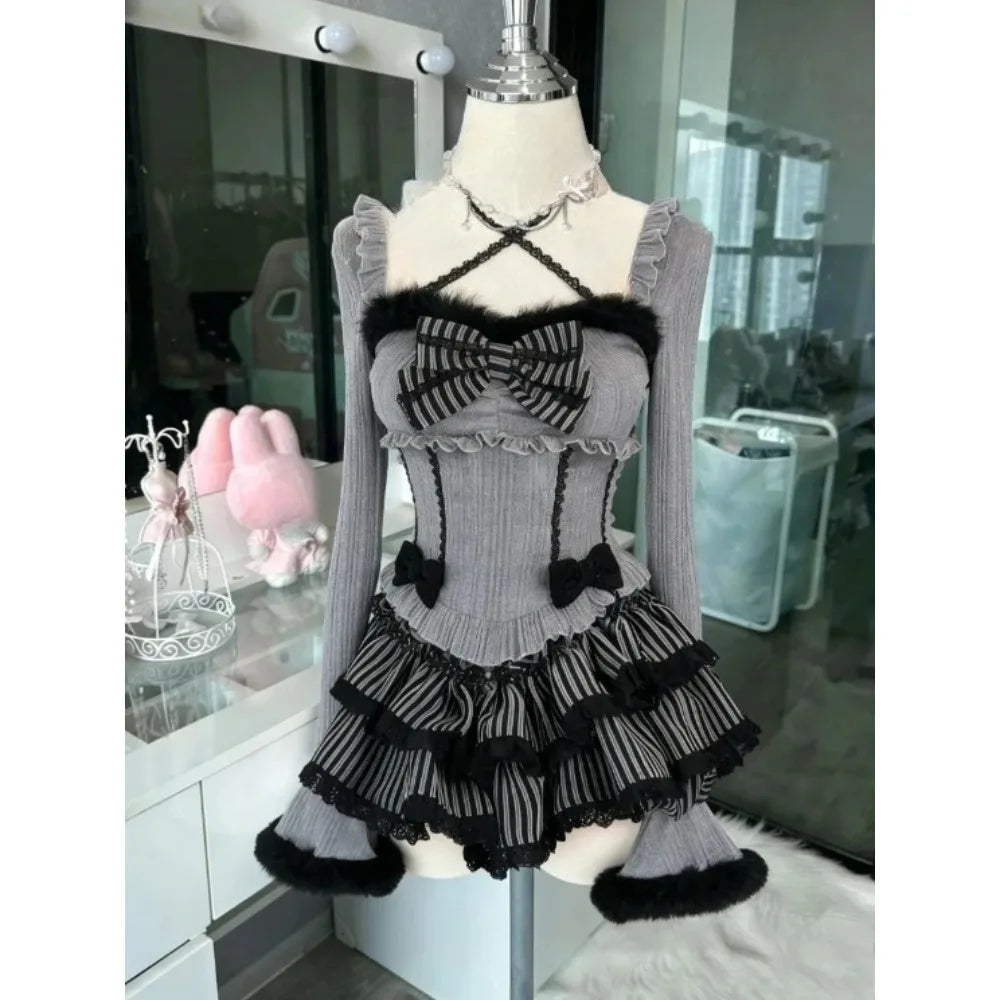 Japán Kawaii 3 darabos szett Lolita Y2k kardigán kabátok + mini szoknyák + fűző mellény amerikai vintage öltönyök őszi parti sikkes