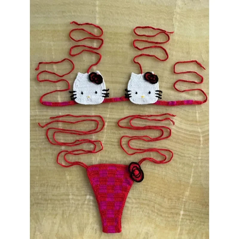 Sanrio horgolt bikini szett aranyos lányoknak fürdőruhák Hello Kitty szexi fürdőruha mikro kötésű bikinik strandruha női fürdőruha