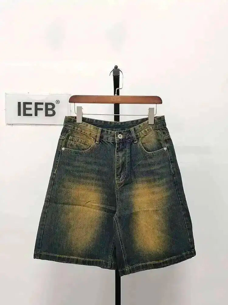IEFB Nyári Férfi Lezser Farmer Rövidnadrág Laza Közepes Magas Derekú Divat Térdhosszúságú Farmer Rövid Nadrág Vintage Férfi Új Koreai