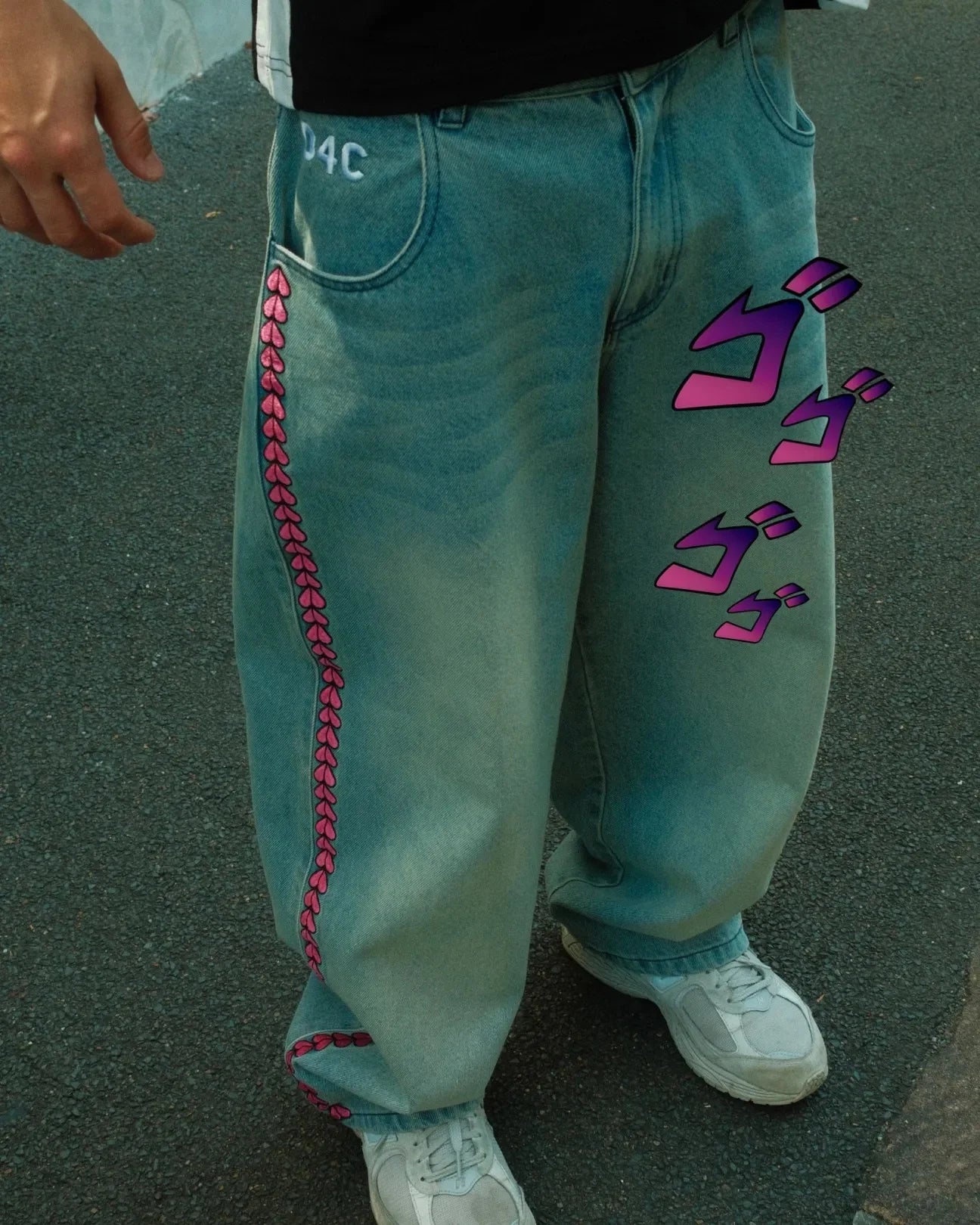 Y2K Férfi D4C JoJo Magas Derekú Baggy Farmer  Rózsaszín Szív Oldali Hímzés Laza Fazonú  Farmer Nadrág Utcai Viselet Széles Lábajú Nadrág