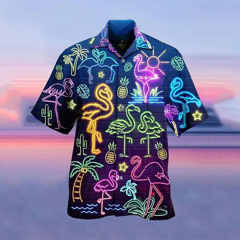 Férfi ing, hawaii ing, camp póló, fluoreszkáló 3D nyomtatású, utcai, lezser, rövid ujjú ruházat, divatos, hétköznapi