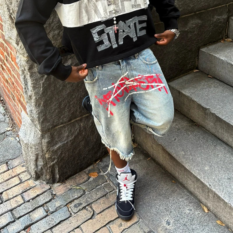 Y2K Graffiti Jorts Strasszos Nyomtatott Farmer Rövidnadrág Férfi Trend Retro Hip Hop Streetwear Rövidnadrág