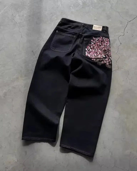 Vintage alacsony derekú hip-hop cseresznyevirág hímzett farmer széles szárú nadrág Y2K ruházat férfi női hímzett baggy farmer