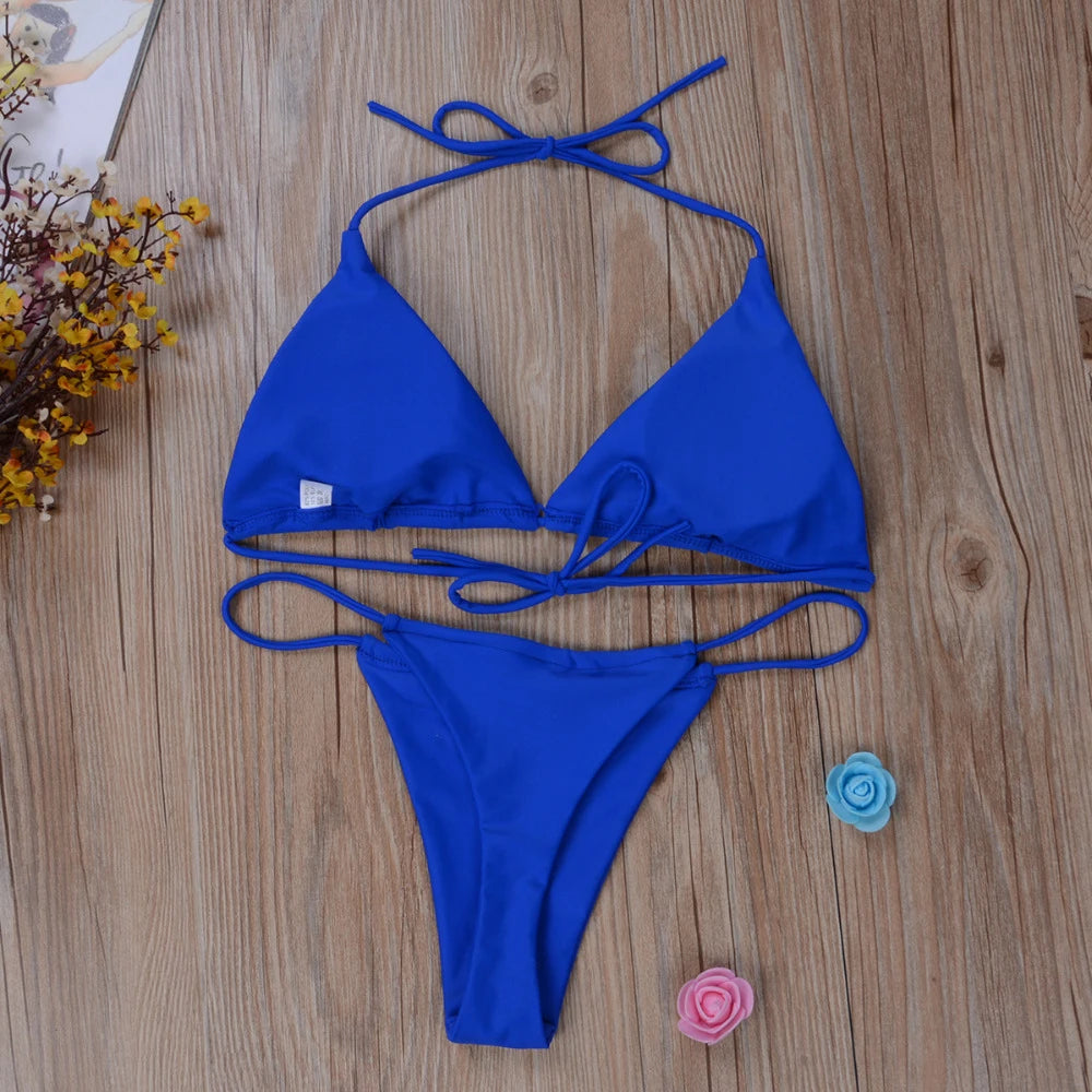 Női szexi tanga bikini szett oldalsó fürdőruha kötszer stílusú brazil fürdőruha osztott pántos állítható egyszínű női fürdőruha szett