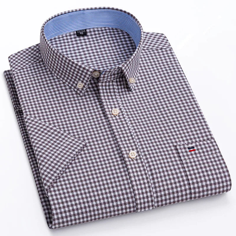100% pamut férfi Oxford ing, rövid ujjú, nyári, kockás, csíkos, férfi ruházat, üzleti, normál szabású, túlméretezett ing, 7XL, 6XL