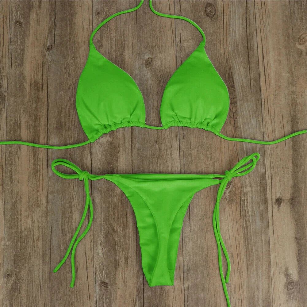 Női szexi tanga bikini szett oldalsó fürdőruha kötszer stílusú brazil fürdőruha osztott pántos állítható egyszínű női fürdőruha szett
