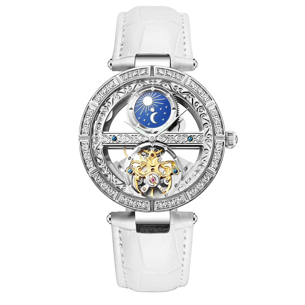 Női automata mechanikus karóra, csúcsmárkás luxus bőr vízálló órák, női csontváz Tourbillon óra, reloj mujer, új