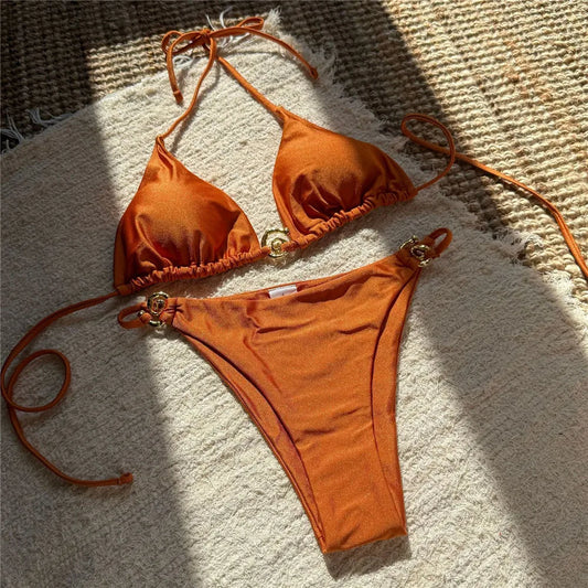 Egyszínű narancssárga fürdőruha fém gyűrűs zsinóros háromszög alakú mikro bikini tanga szexi fürdőruha nők 2026 fürdőruha bikiniszett