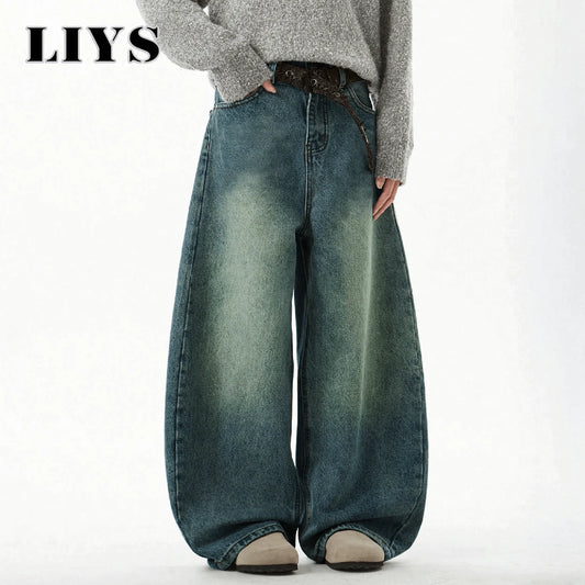Férfi divat Kék széles szárú farmernadrág Bő farmer Vintage háromdimenziós szabású ívelt késfarmer Laza szabású nyári új trend