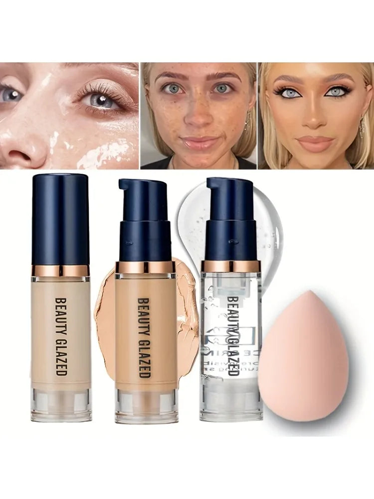 BEAUTY GLAZED 3 darabos arcsmink készlet, matt, tartós, vízálló folyékony alapozó + primer + puff