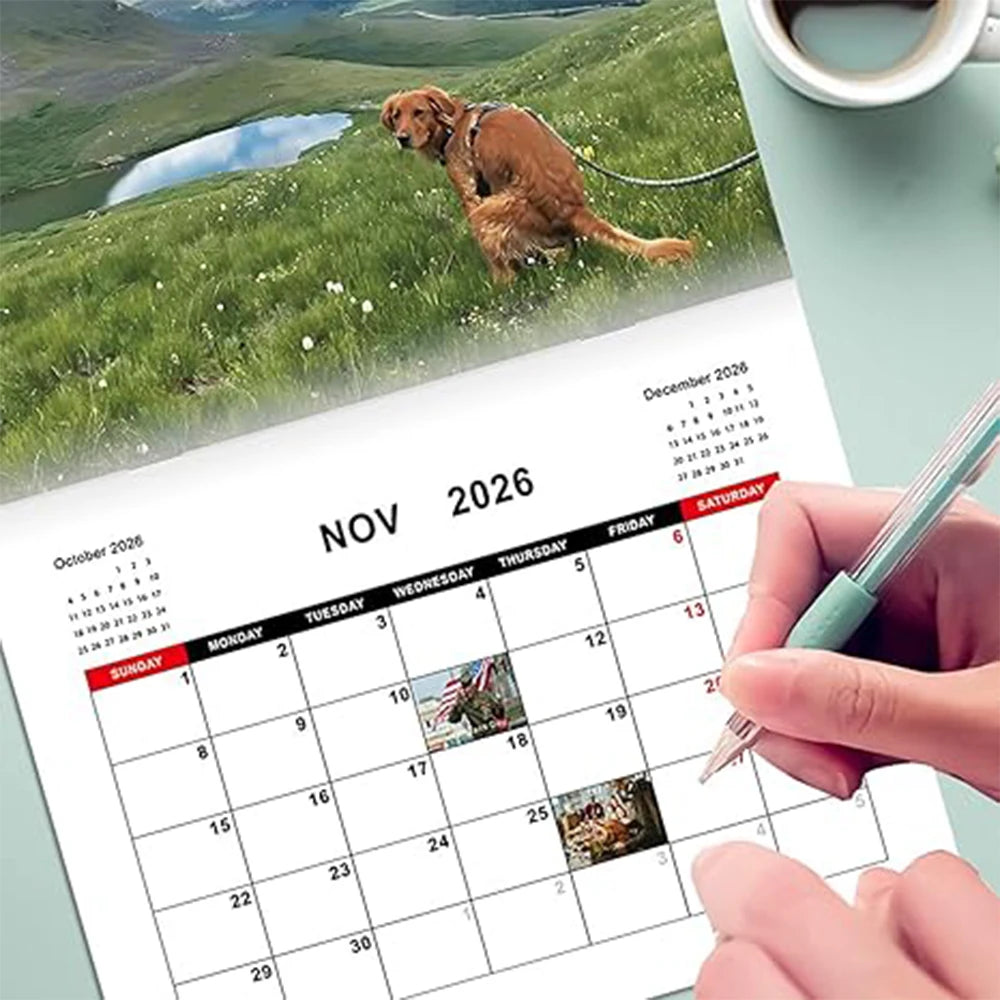 Kutyakaki naptár 2026 Nagy havi rácsos tervezés fontos megjegyzésekkel Vicces GIF-ek kutyabarátok otthoni dekorációjához