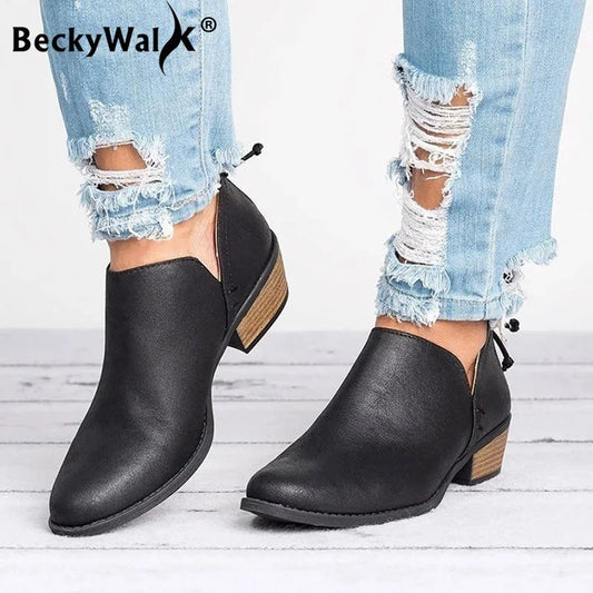 Női cipők, divatos PU bőr rövid bokacsizma, hegyes orrú, slip-on, tavaszi/őszi cipő, női, plus size 35-44, botas WSH3397