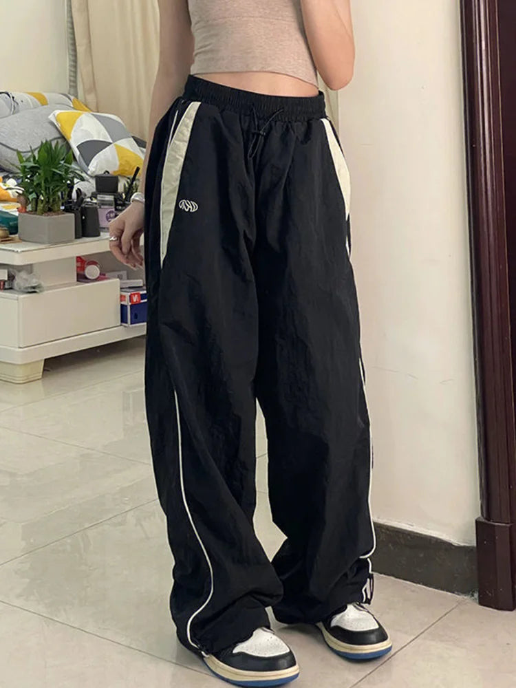 Női lezser, bő, cargo nadrág, húzózsinóros, utcai viselet, laza, túlméretezett, széles szárú, sport, vintage hip-hop, Y2K jogger nadrág
