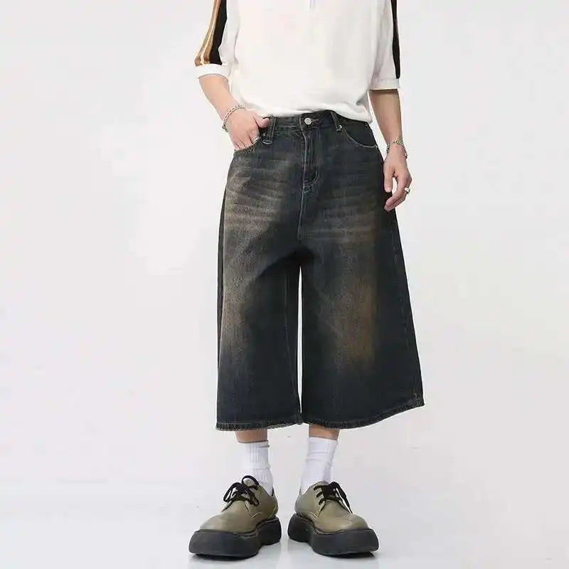 IEFB koreai stílusú vintage férfi farmer nyári laza férfi széles szárú térdig érő rövidnadrág új mosott divatos rövid farmer nadrág