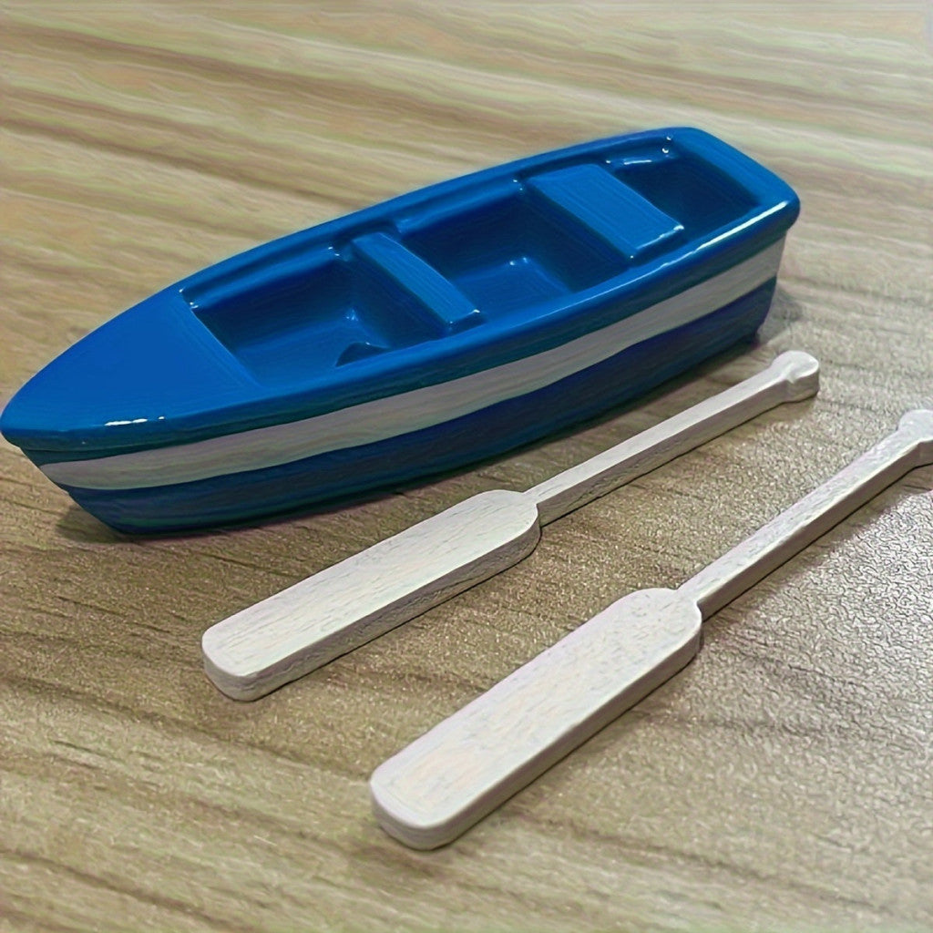 2 db-os miniatűr horgászhajó készlet fa evezőkkel, kék gyanta hajófigura
