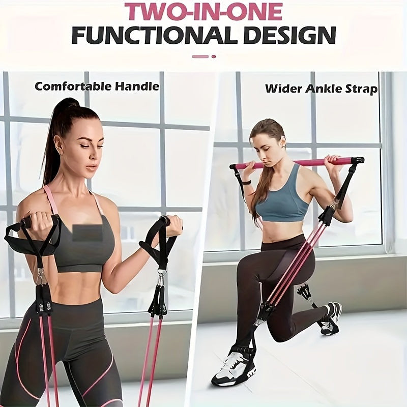 8db Készlet - Pilates Bar Készlet 4 Ellenállási Szalaggal (63.5 KG) 8 részes rózsaszín【63.5 kg】