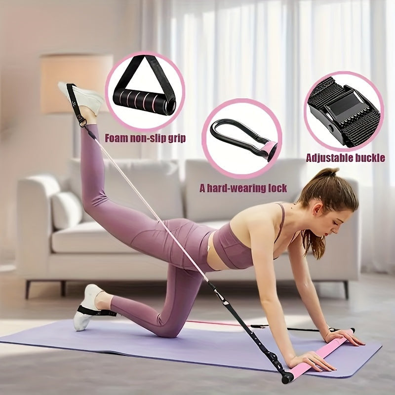 8db Készlet - Pilates Bar Készlet 4 Ellenállási Szalaggal (63.5 KG) 8 részes rózsaszín【63.5 kg】