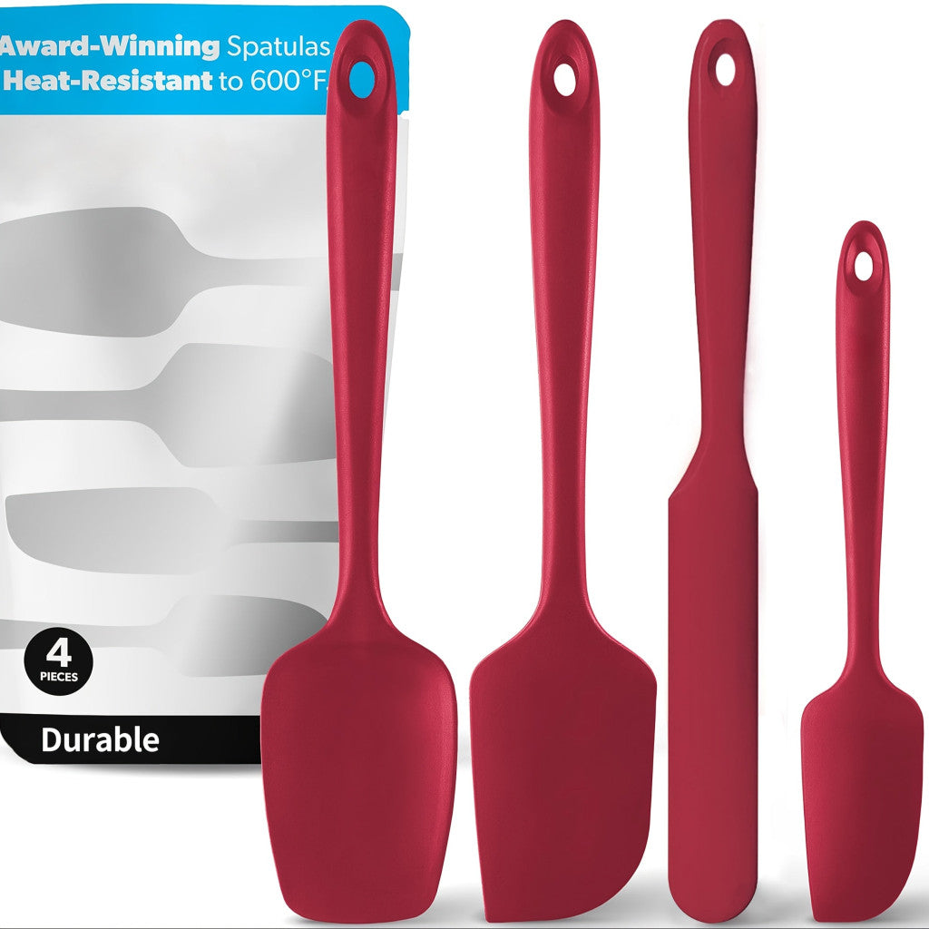 4 db-os szilikon spatulaszett, hőálló 600°F-ig, tartós gumi konyhai eszközök tapadásmentes edényekhez, varrat nélküli kialakítás, piros, 4 méret Szilikon kaparó piros 4 darabos készlet