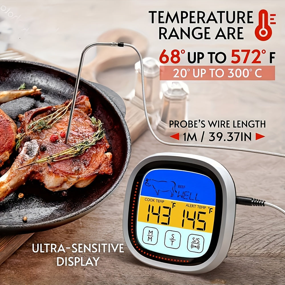 1 db Digitális Húshőmérő Nagy Érintőképernyővel és Rozsdamentes Acél Szondával, BBQ Időzítővel
