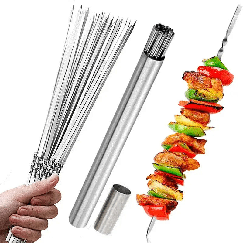 20/30/50db Tartós Rozsdamentes Acél BBQ Nyársak 1 Cső Tárolóval, Újrahasználható és Könnyen Tisztítható Kültéri és Beltéri Grillezési Partikhoz 30 db