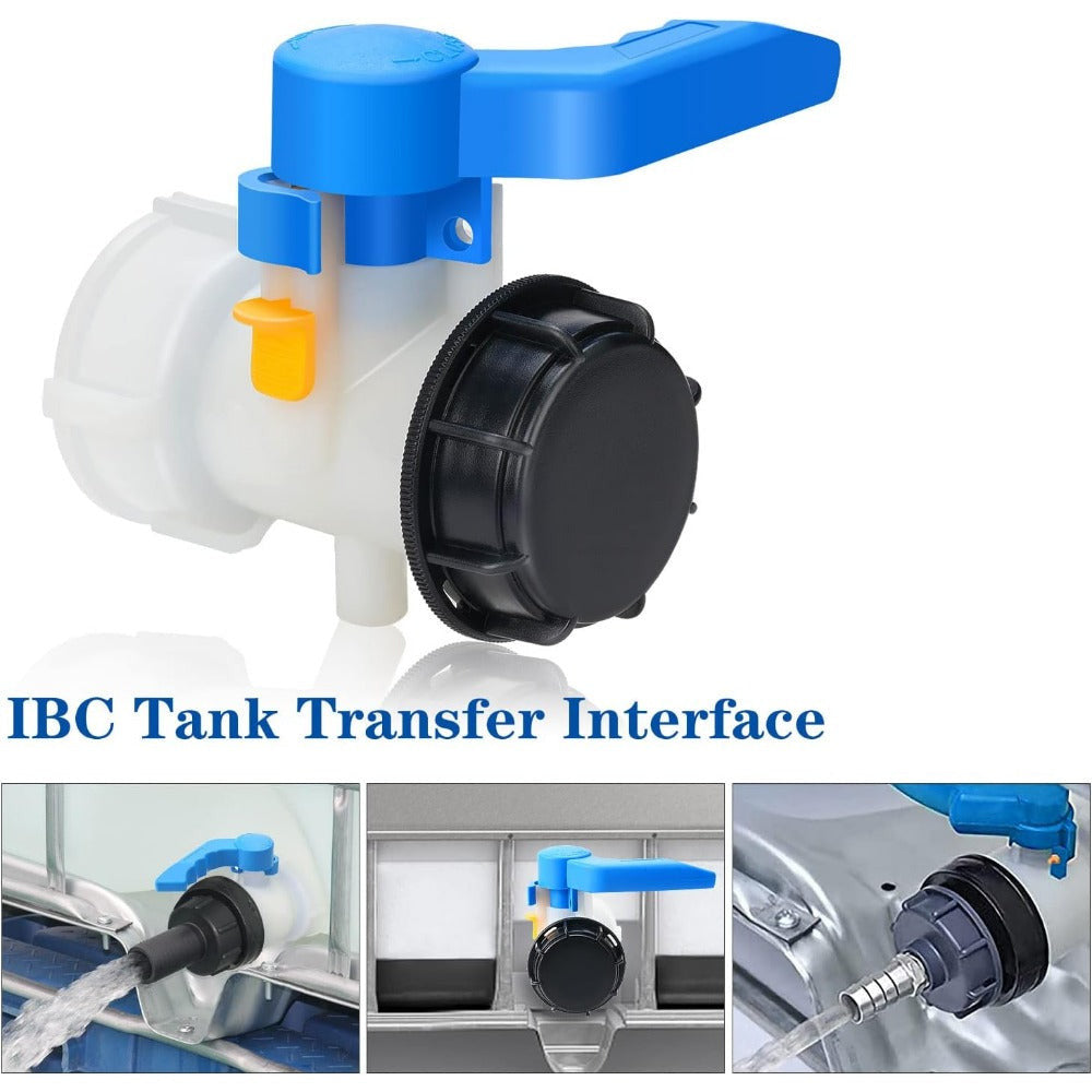 IBC tartály pillangószelep – 62 mm átmérő, kék karos zárócsap fekete kupakkal, műanyag adapter IBC tartályhoz