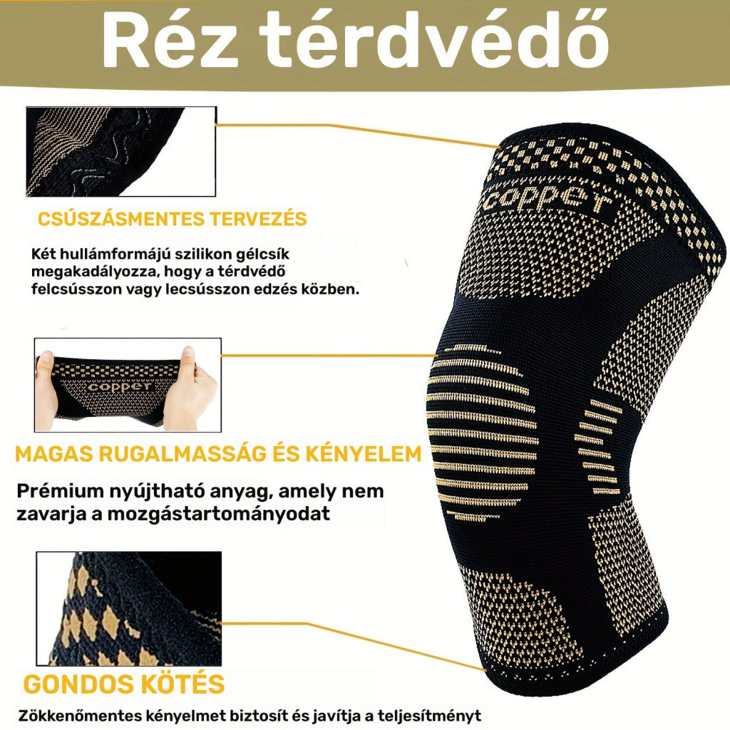 Rézbe átitatott kompressziós térdvédő, térdtámasz M méret (28 cm hosszú, felsőrész 16.5 cm, lábméret 36–42 cm)